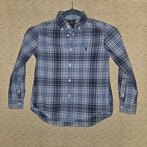 Ralph Lauren Button Down Shirt Boy's Size 6 Long Sleeve Blue Plaid 100% Cotton